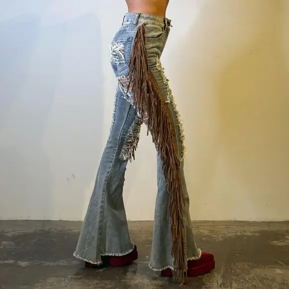 Bell Bottom High Waisted Jeans with Fringes S - Picture 4 of 8